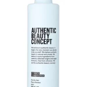 Botella de acondicionador hidratante Authentic Beauty Concept para cabello seco con diseño minimalista en blanco sobre fondo blanco