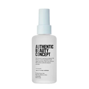 Botella de sérum hidratante Authentic Beauty Concept para cabello seco con dispensador y diseño blanco minimalista sobre fondo blanco