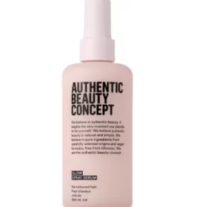 Botella de spray sérum Authentic Beauty Concept para cabello teñido con diseño minimalista en tono rosado sobre fondo blanco