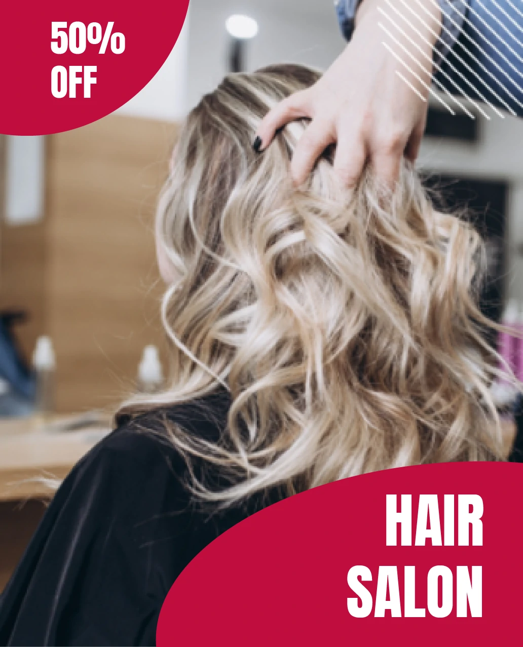 Cabello rubio ondulado siendo estilizado por una mano en un salón de belleza con oferta del 50% de descuento y texto promocional que dice Hair Salon