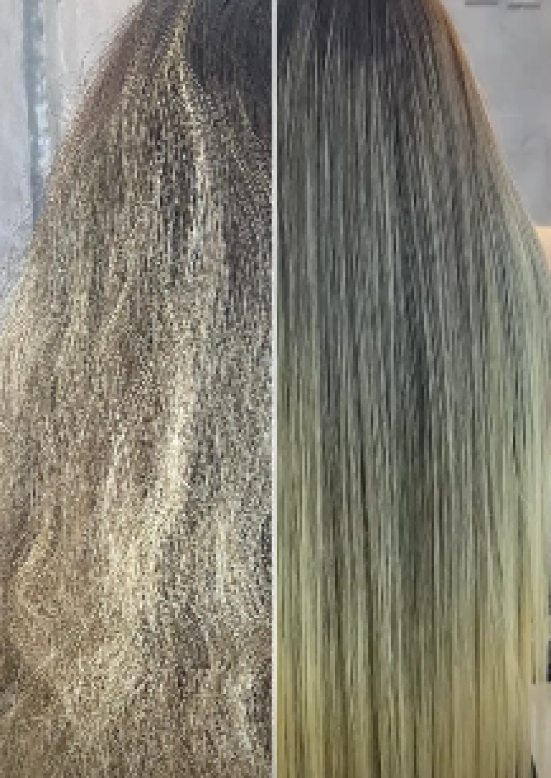 Comparación de cabello áspero antes y cabello liso sedoso después visto desde atrás