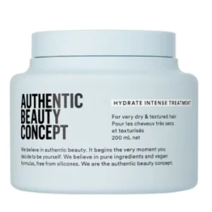 Envase de tratamiento hidratante intenso Authentic Beauty Concept para cabello muy seco y texturizado con diseño minimalista en blanco sobre fondo blanco