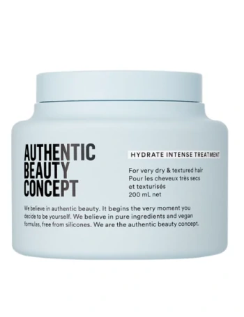 Envase de tratamiento hidratante intenso Authentic Beauty Concept para cabello muy seco y texturizado con diseño minimalista en blanco sobre fondo blanco