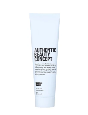 Tubo de crema hidratante Authentic Beauty Concept para cabello seco con diseño minimalista en blanco sobre fondo blanco