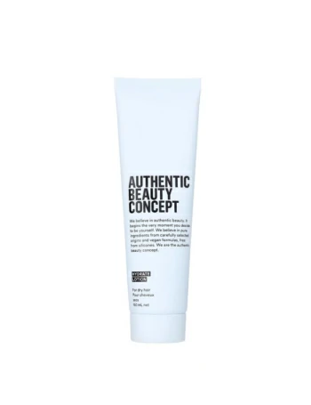 Tubo de crema hidratante Authentic Beauty Concept para cabello seco con diseño minimalista sobre fondo blanco