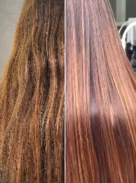 Comparación de cabello antes con textura áspera y después con textura lisa visto desde atrás